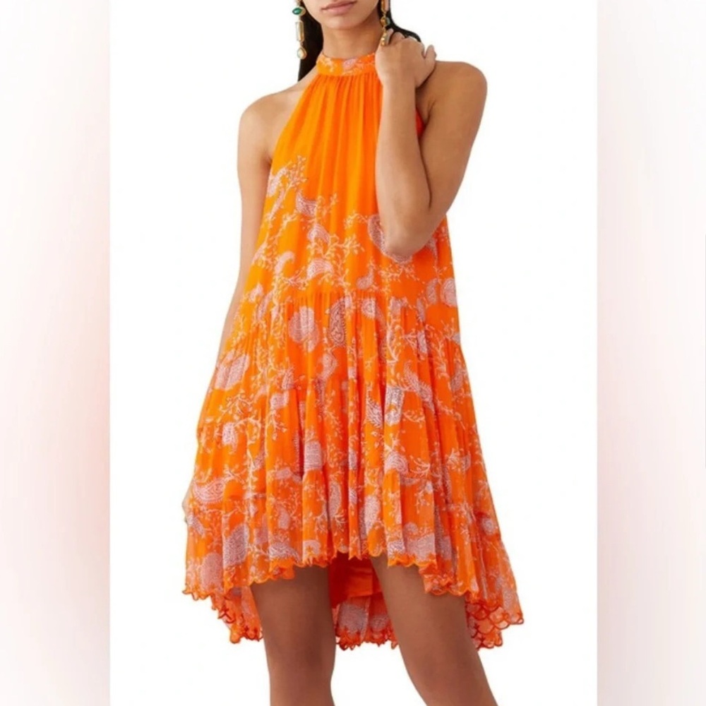 Hemnant & Nandita Orange Paisley Bela Halter Neck High Low Mini Dress